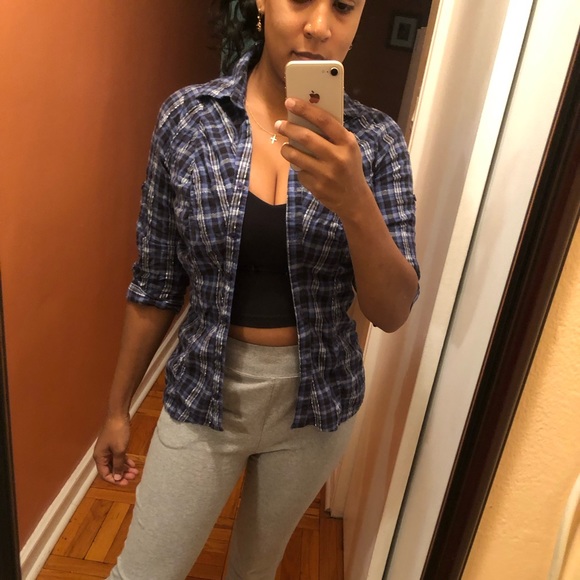 Blue flannel plaid button down top - Picture 1 of 5